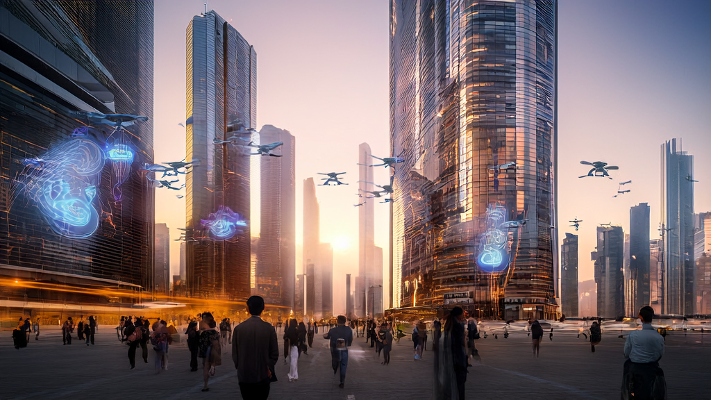 A futuristic cityscape illustrating the impact of AI customer prediction models on precise acquisition in 2025