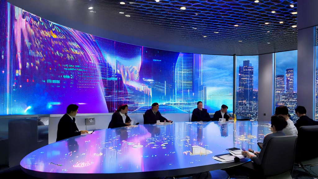 AI客户预测模型的办公室场景，工程师们正在讨论如何优化模型以实现精准获客和降低营销成本