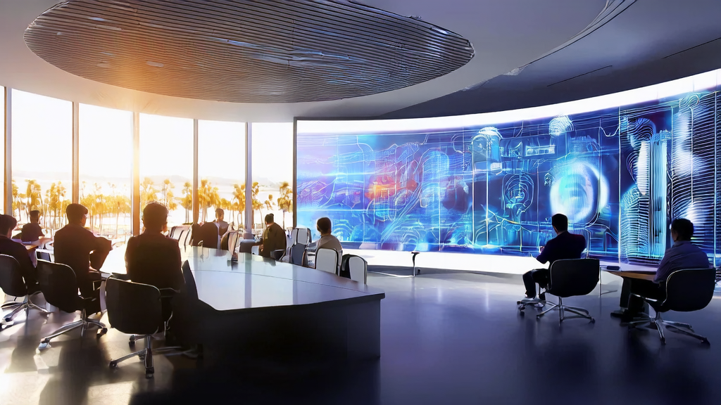 Employees in a tech company analyzing AI customer prediction models for precise acquisition, with a view of California's blue sky and palm trees outside the window