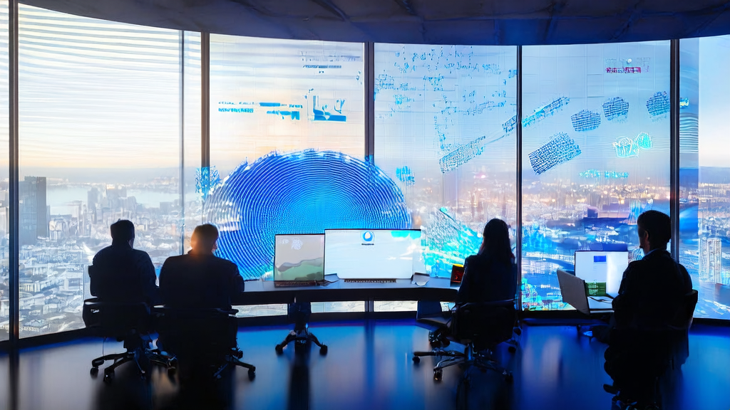 在阳光照射下的现代办公室里，工程师们正在讨论AI客户预测模型和广告投放策略。