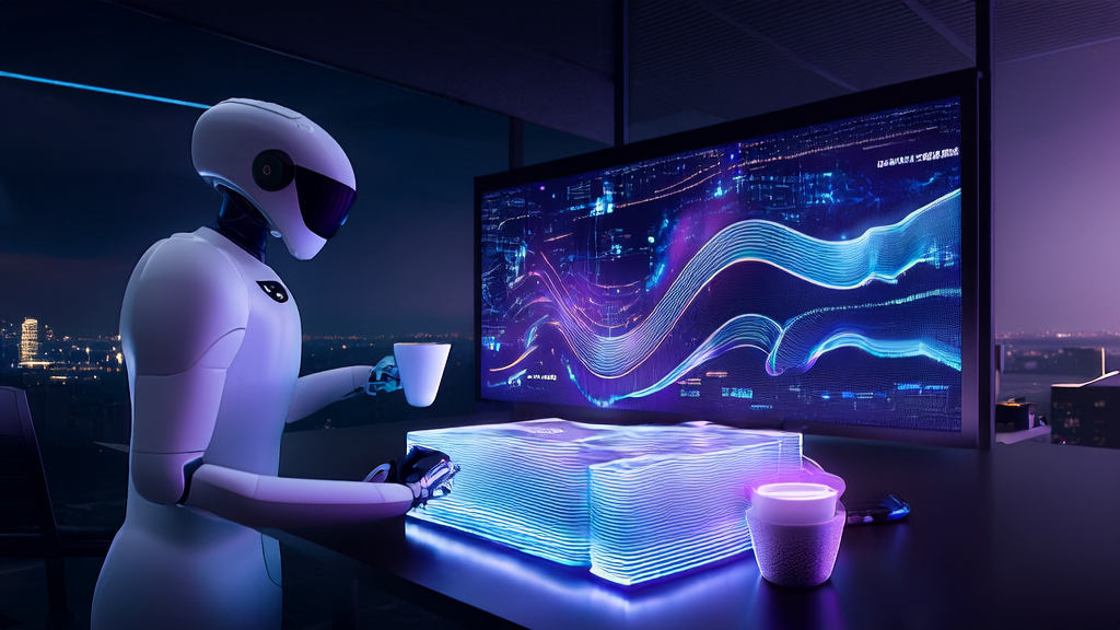 一位数据科学家在充满未来感的办公室里使用AI客户预测模型进行精准邮件营销