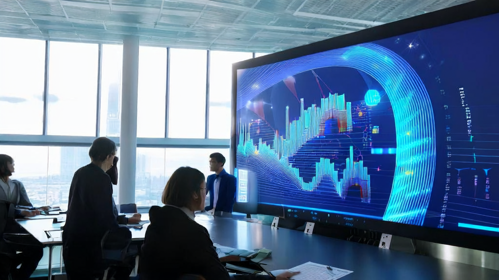 Data scientists in a modern office studying AI customer prediction models, with an IMO gold medal on the background wall