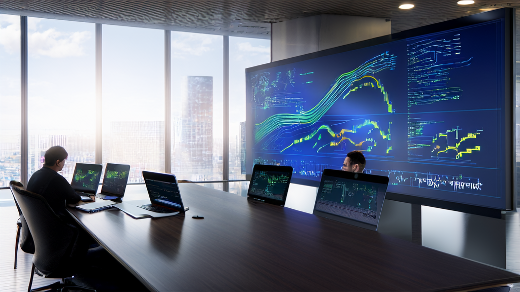 数据科学家们在办公室中使用AI客户预测模型进行精准营销分析