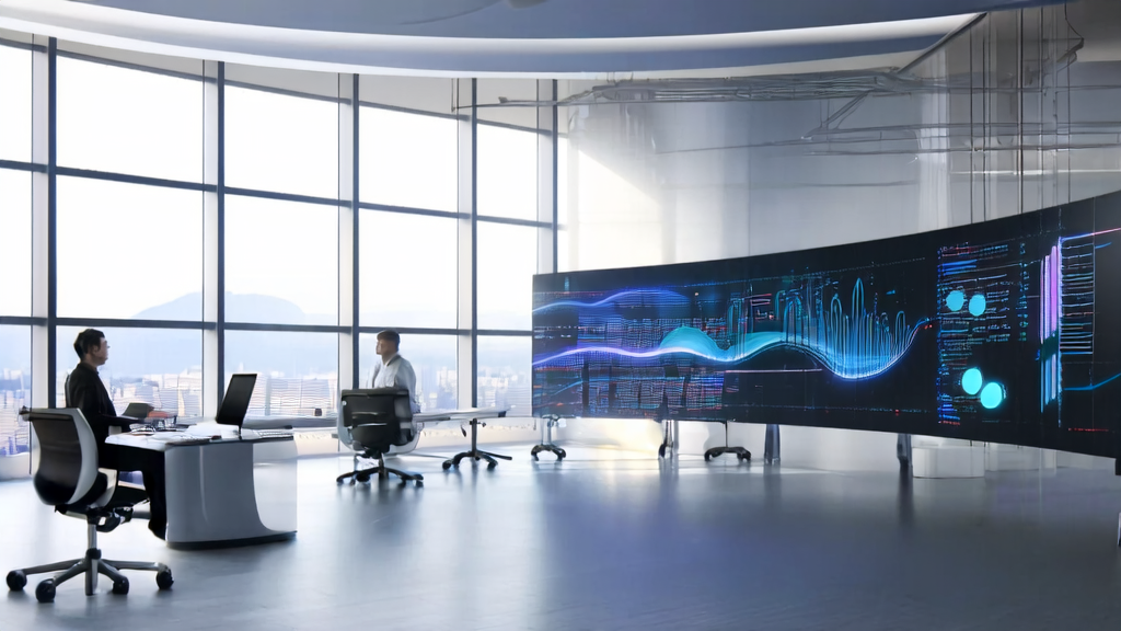 现代办公室中，数据分析师们使用AI客户预测模型进行精准营销分析，墙上大屏幕显示实时数据和预测趋势。