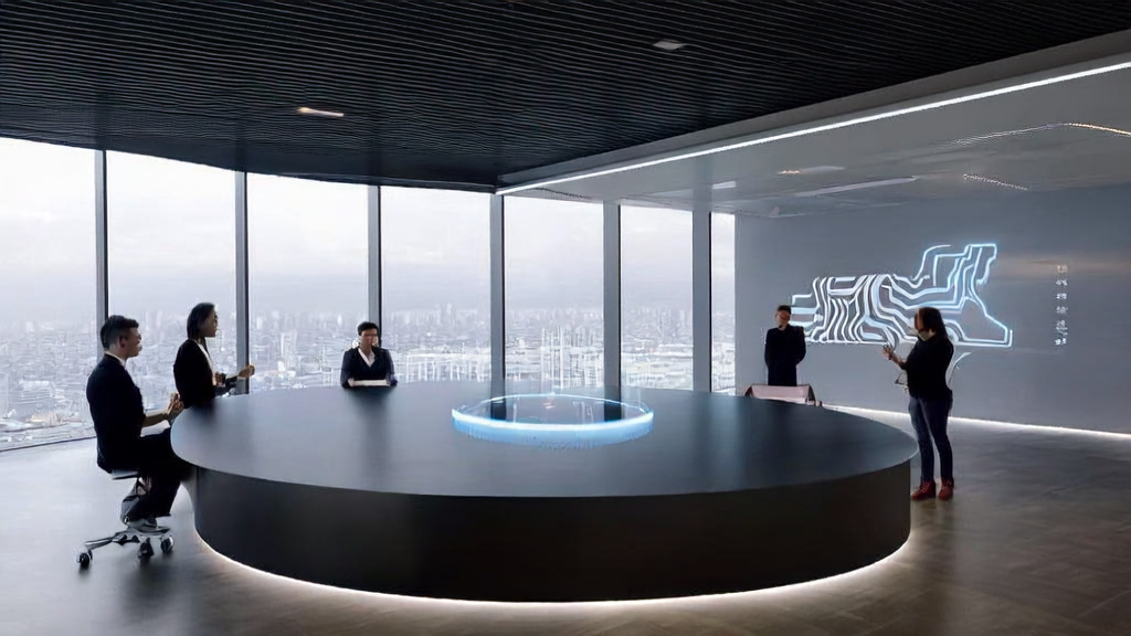 展示AI客户预测模型在现代化办公环境中的应用，强调精准营销与高效客户管理