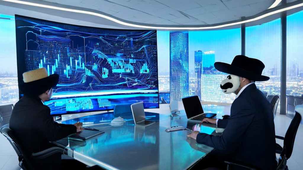 In a tech-savvy office, professionals gather around to discuss the analysis results of the AI customer prediction model, with a bustling city night view outside the window.