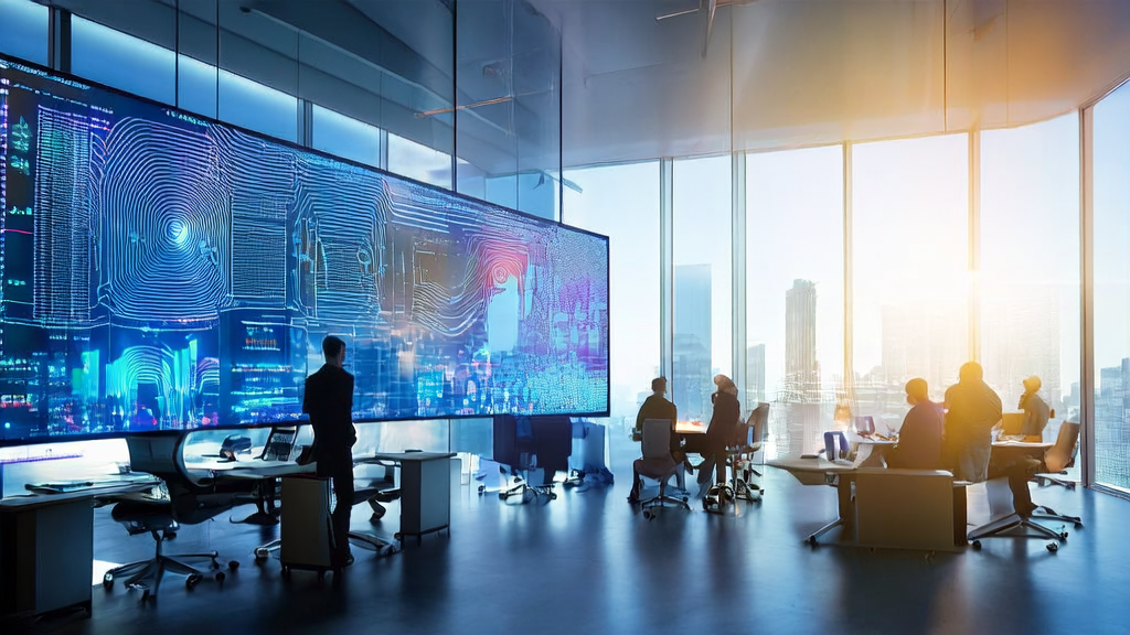 Data scientists in a modern office using AI customer prediction models for precision marketing analysis