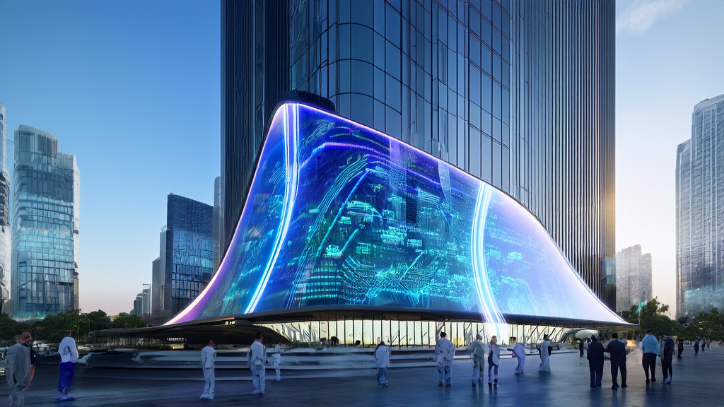 AI customer prediction model optimizing marketing strategies in a futuristic cityscape