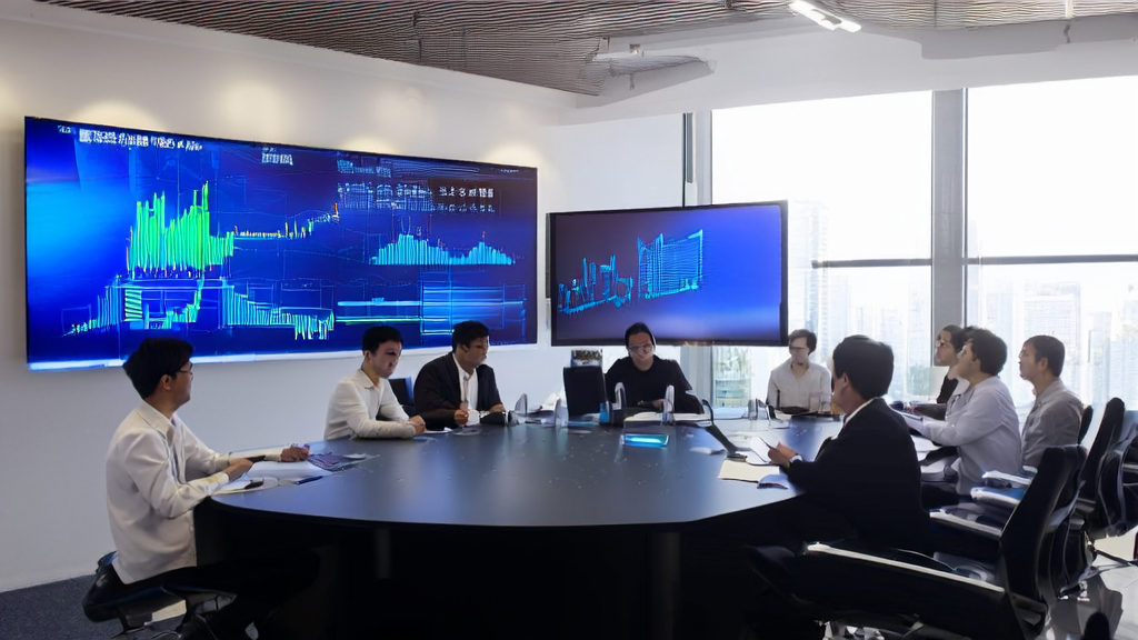 现代化办公室中的团队使用AI客户预测模型和QQ浏览器AI小窗进行精准营销分析