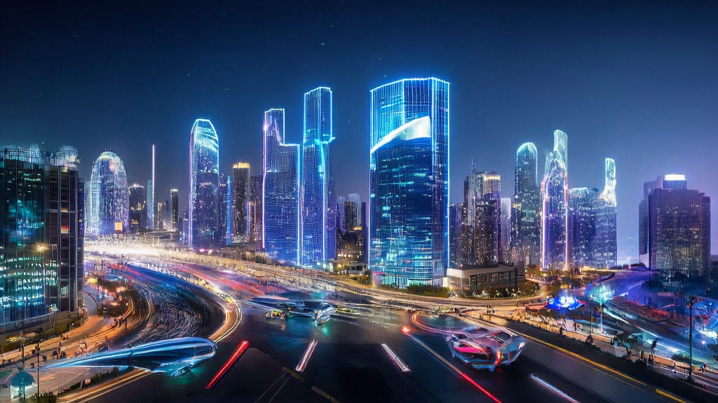 In the night view of a futuristic city with flying cars, a company uses an AI customer prediction model to accurately screen high-quality customers.