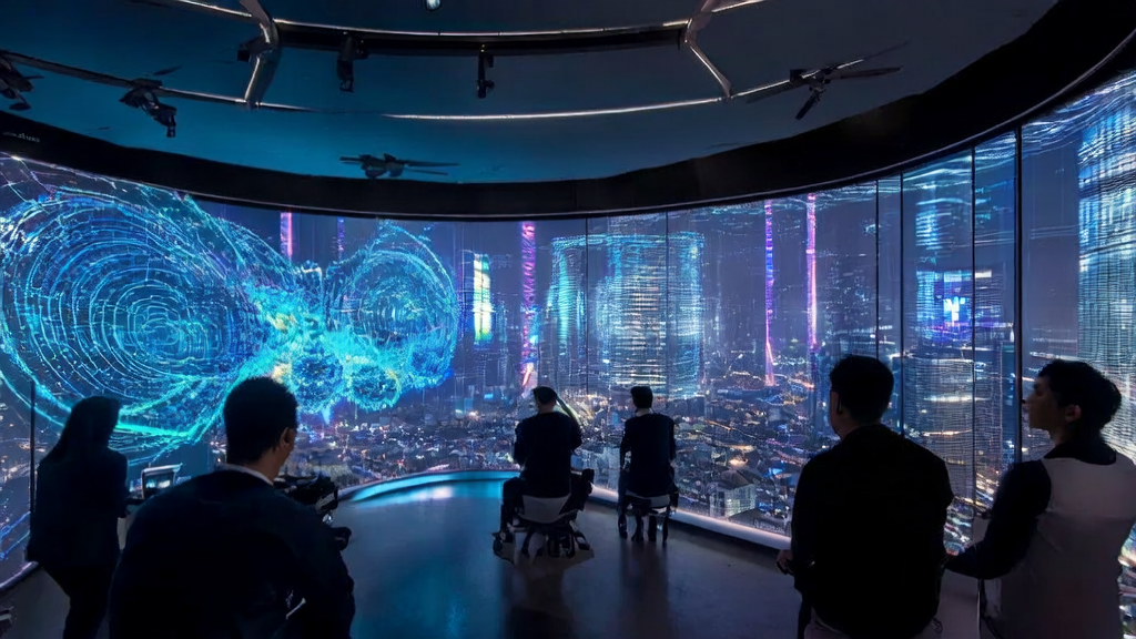 AI customer prediction model displayed in a futuristic office