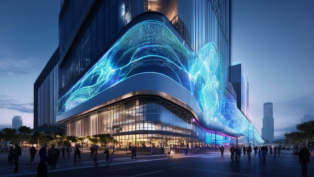 未来城市的科技公司大楼展示AI客户预测模型技术，吸引行人驻足观看