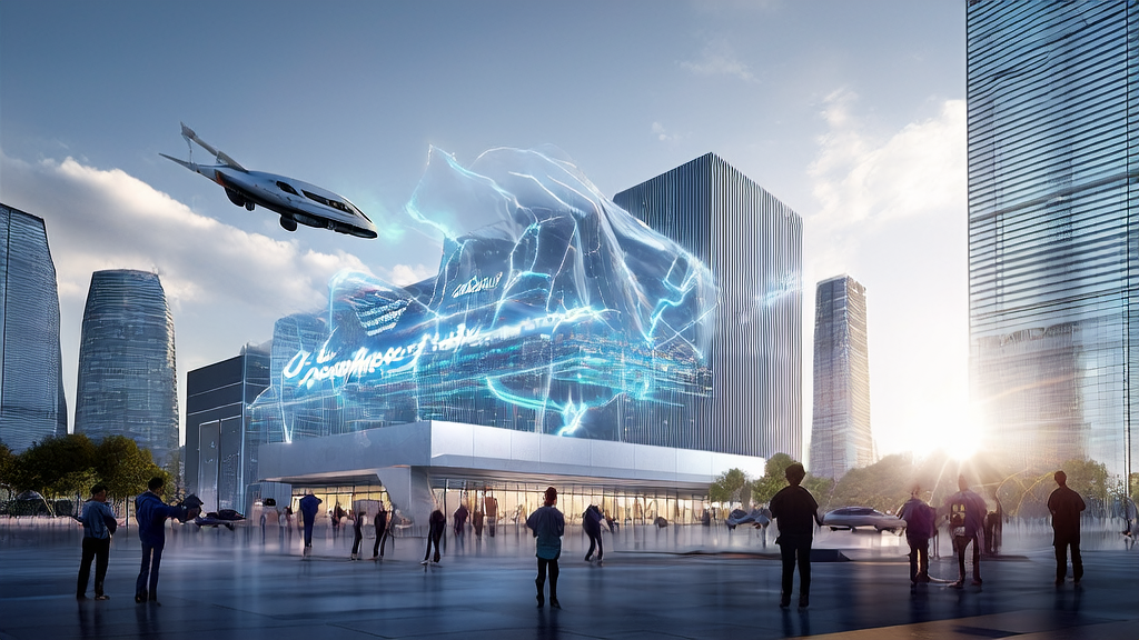 Engineers discussing AI customer prediction model in a futuristic city to accurately screen high-quality customers and reduce ineffective spending.