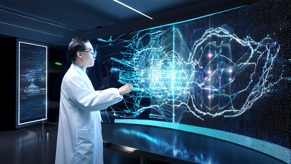 A futuristic lab with an AI customer prediction model and the supercomputer Kosmos, showcasing the data analysis process for hyper-personalized email marketing.