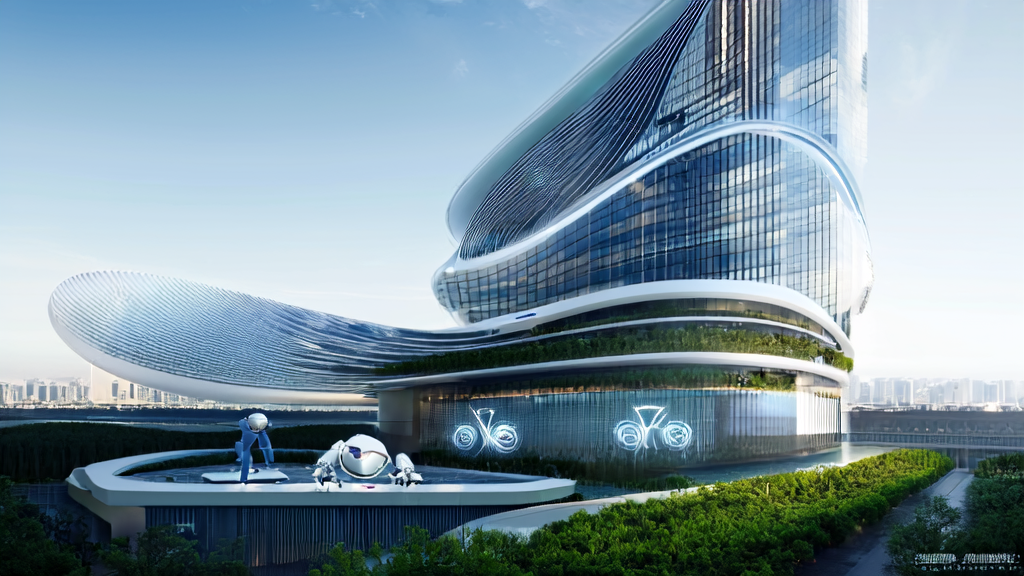 AI robot analyzing customer prediction model data on the rooftop of a futuristic office building in a high-tech city