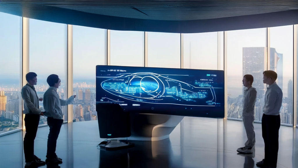 Tech professionals discussing AI customer prediction model in a futuristic office