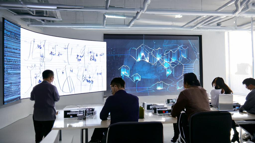 员工们在办公室中使用AI客户预测模型分析数据,以提高获客效率