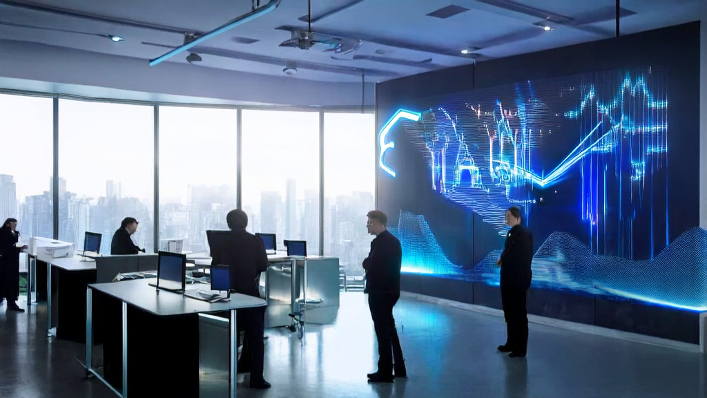 现代化办公室中员工使用AI客户预测模型进行高效获客