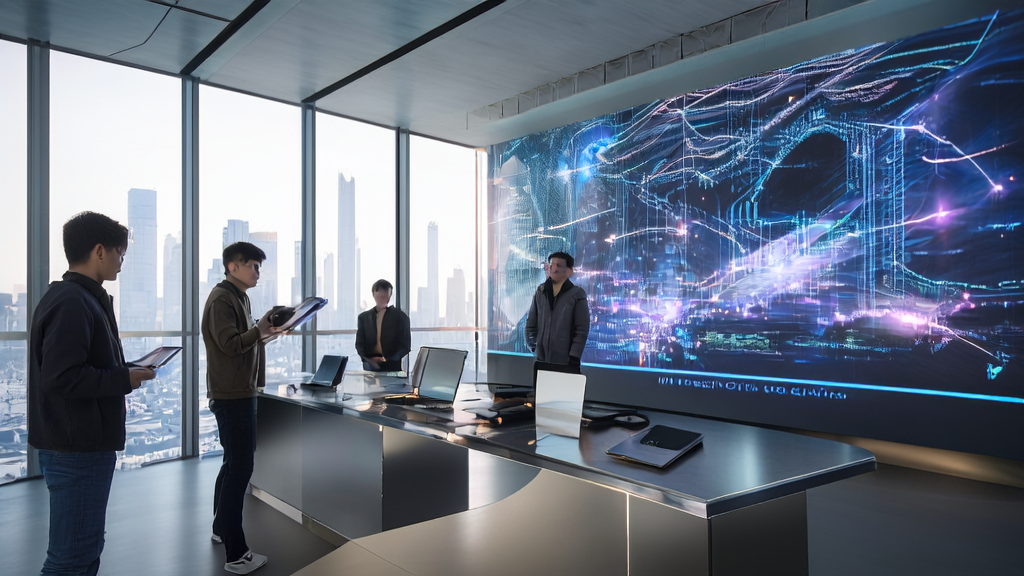 工程师们在办公室中使用AI客户预测模型分析邮件营销数据，罗永浩准备介绍“细红线科技”AI软件