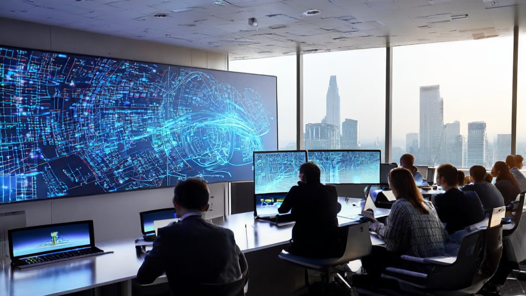 In a modern office, employees are using an AI customer prediction model to analyze data for precise customer selection and cost reduction.