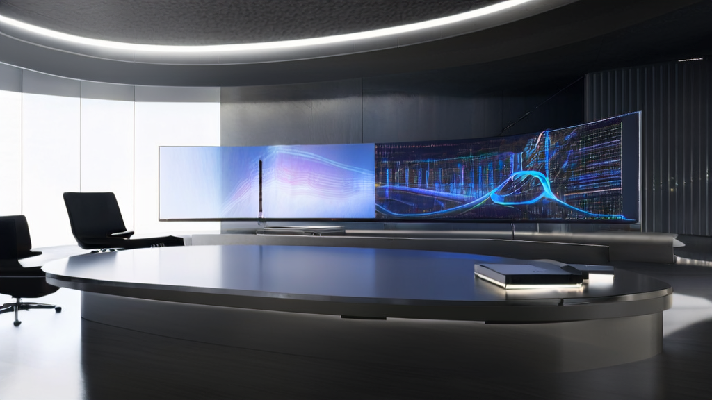 In a futuristic tech office, an employee is analyzing data using an AI customer prediction model and Tencent Yuanbao voice recorder