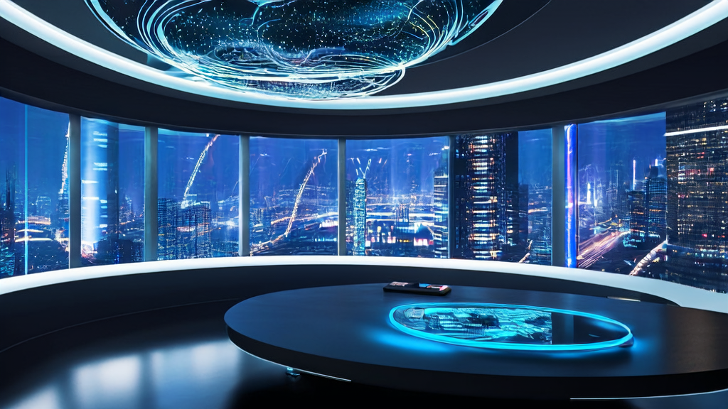 未来办公室中展示AI客户预测模型的数据流和优质客户名单