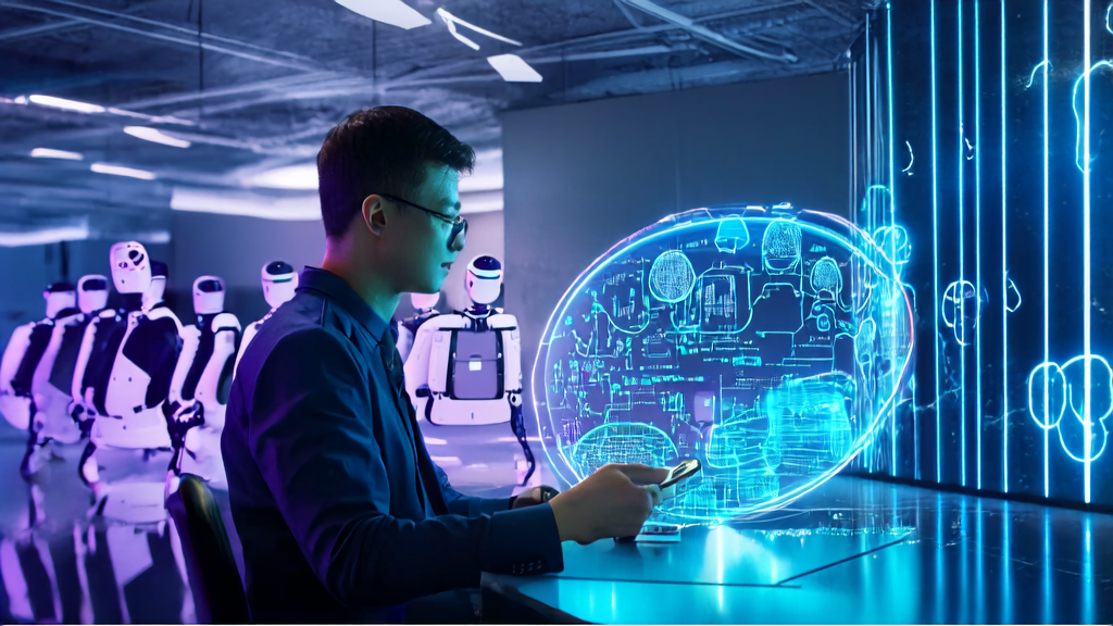 未来办公室中展示AI客户预测模型的应用，帮助跨境电商精准筛选优质客户并提高邮件送达率