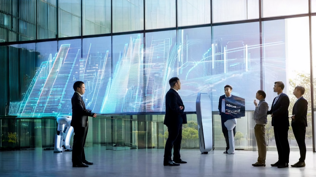阳光下的现代化办公大楼前,企业家们讨论AI客户预测模型,屏幕上显示复杂的数据图表,旁边是智能机器人提供实时分析。