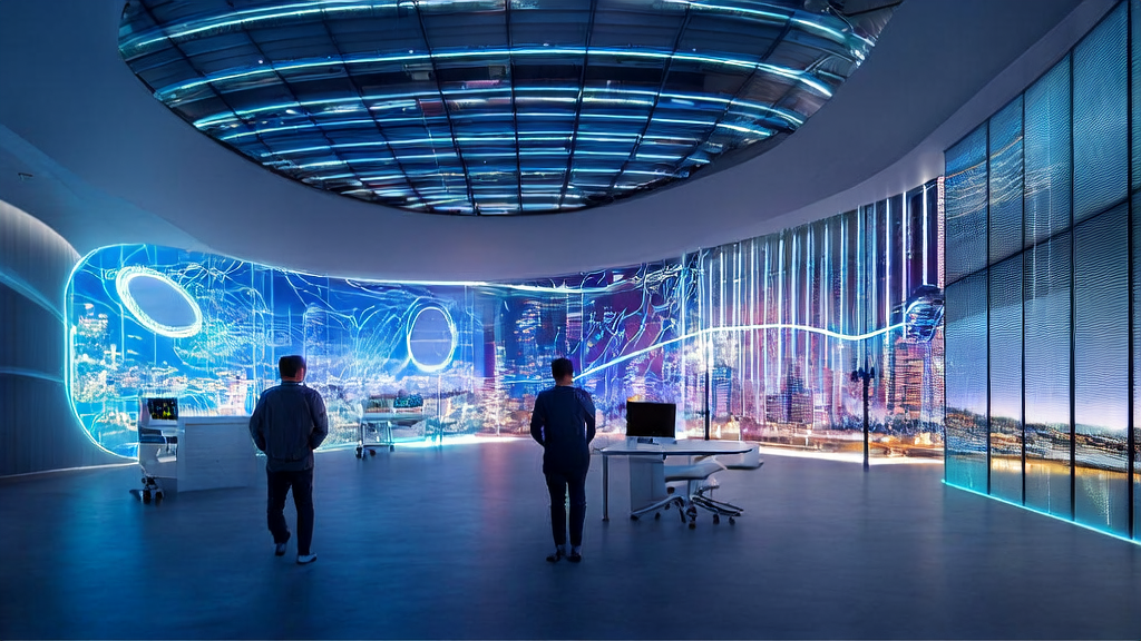 Data scientists analyzing AI customer prediction model data in a futuristic office