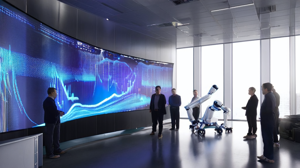 A modern office scene showcasing the AI customer prediction model in action, including data cleaning and analysis