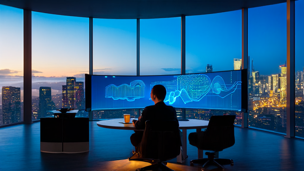 几位分析师在现代化办公空间中通过AI客户预测模型分析数据，窗外是繁华的城市天际线。