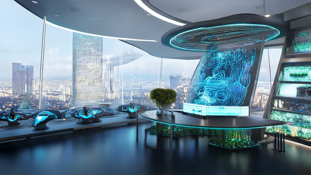 In a futuristic office, AI customer prediction model data charts are displayed on a large screen, surrounded by smart devices and green plants, with a bustling city night view outside the window.