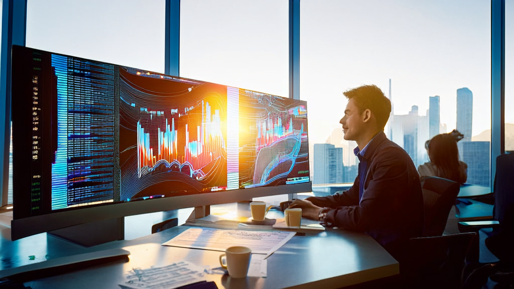 跨境电商办公室中分析师使用AI客户预测模型分析数据