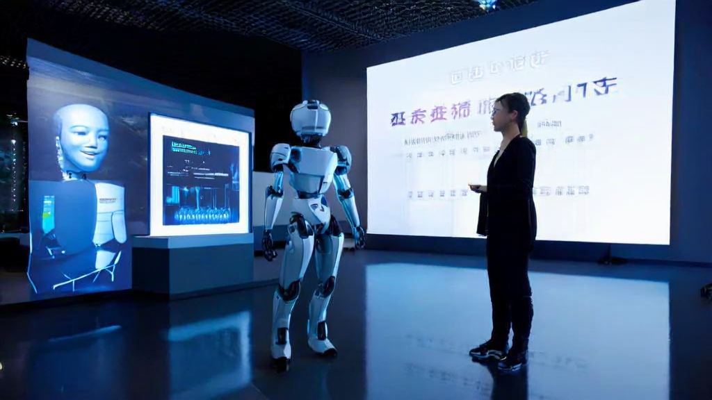 全新一代人形机器人Figure 03在智能家居展厅中为顾客提供智能客服服务，同时展示AI客户预测模型的应用。