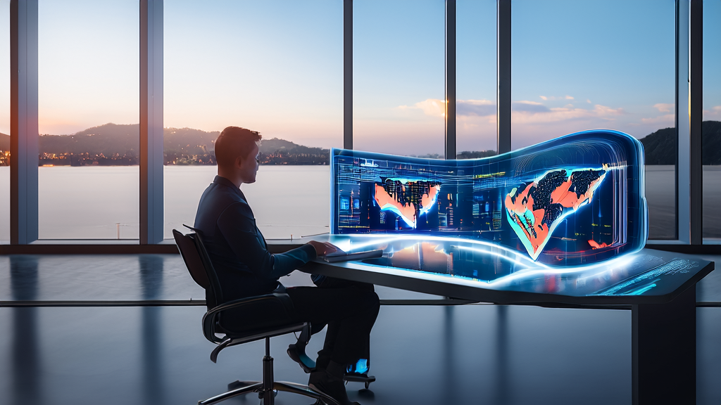 In a futuristic high-tech office, a data analyst uses an AI customer prediction model to analyze cross-border e-commerce market dynamics, integrated with the latest image generation technology from Adobe Firefly Image 5.