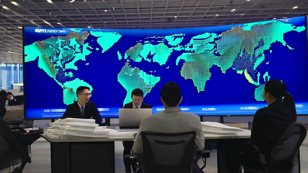 Data scientists analyzing cross-border commerce data using AI customer prediction models in an office