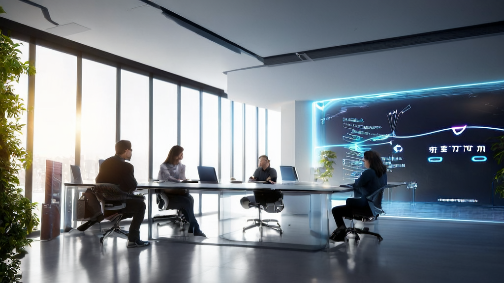 Office scene in a futuristic city showcasing the application of AI customer prediction models in cross-border commerce