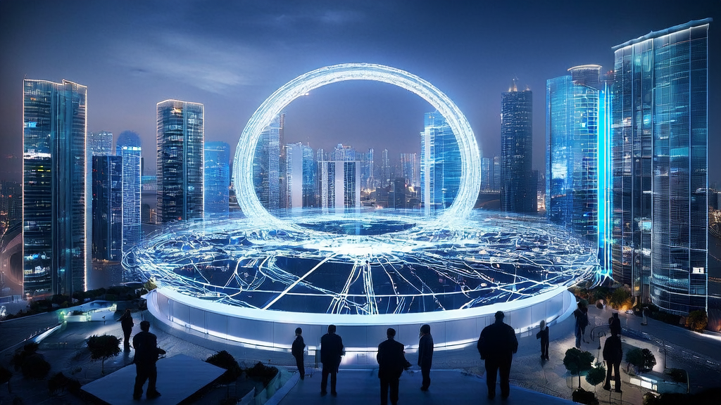A futuristic city showcasing the AI customer prediction model, explaining how intelligent algorithms screen high-quality customers to boost cross-border commerce efficiency.