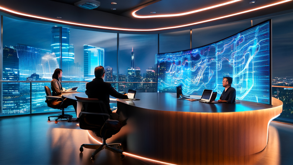 在现代化办公室中，团队成员使用钉钉Agent OS分析AI客户预测模型数据，提升跨境电商获客效率。