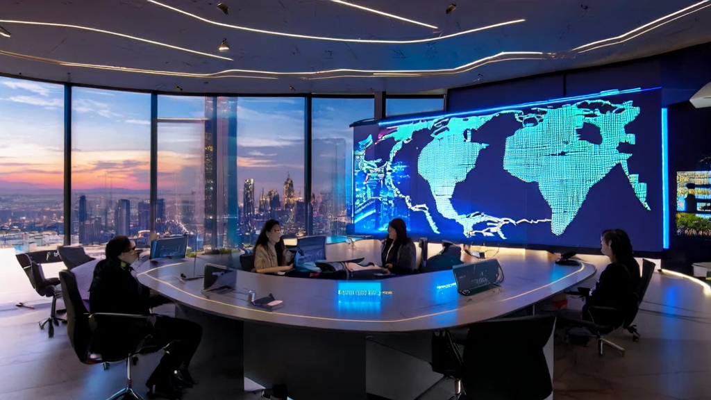 在充满未来感的办公室中,团队围坐讨论AI客户预测模型,背景墙上挂着全球地图,角落放置Google Skills平台终端设备。