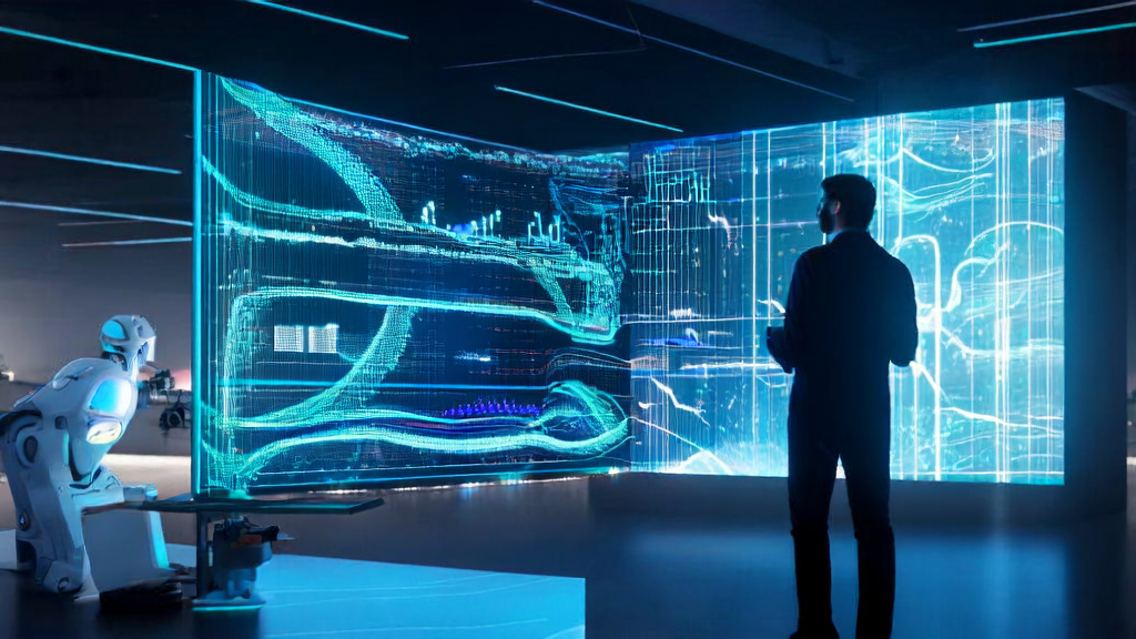 In a futuristic cross-border e-commerce office, a data analyst monitors the AI customer prediction model's data stream through a transparent screen.