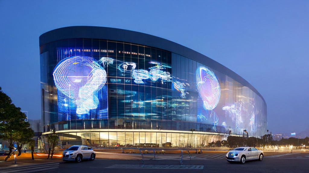 未来城市中的高科技大厦，展示AI客户预测模型在跨境电商中的应用