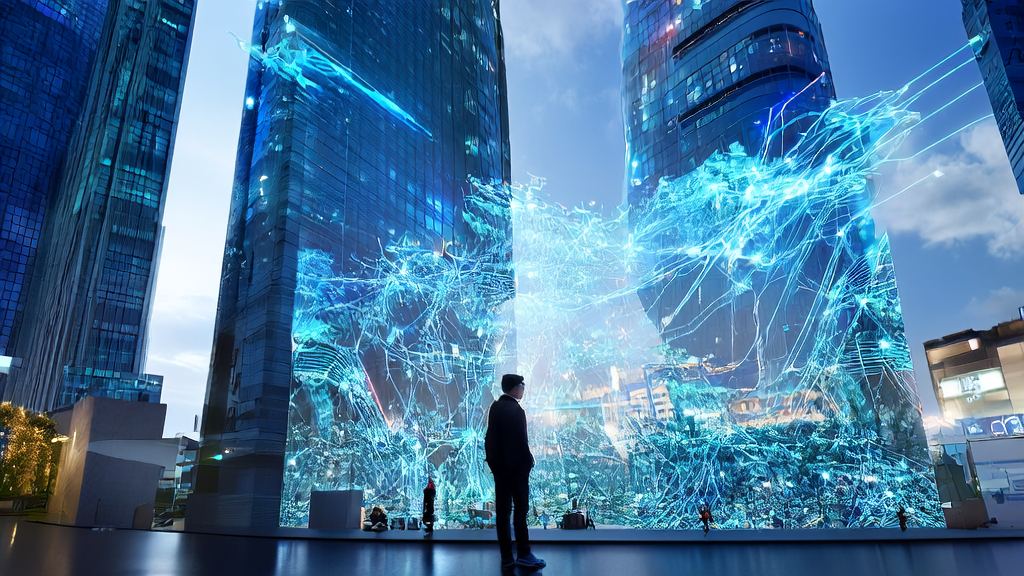 未来科技城市中，创业者利用AI客户预测模型进行数据分析，提升跨境电商获客效率。