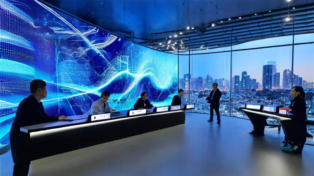 跨境电商运营中心的现代办公室内，数据分析师们正使用AI客户预测模型进行数据分析，背景是繁华的城市夜景。