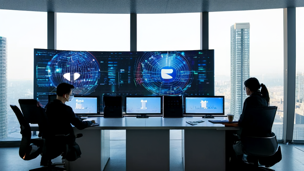 A group of engineers studying an AI customer prediction model in a modern office to improve cross-border e-commerce customer acquisition efficiency