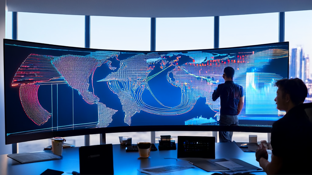 Analysts in a modern office are studying the AI customer prediction model, with a bustling city view outside the window