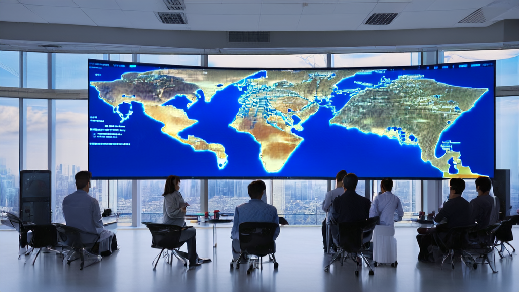 Data scientists analyzing AI customer prediction models in a modern office environment, with a background showcasing cross-border e-commerce platforms and a world map