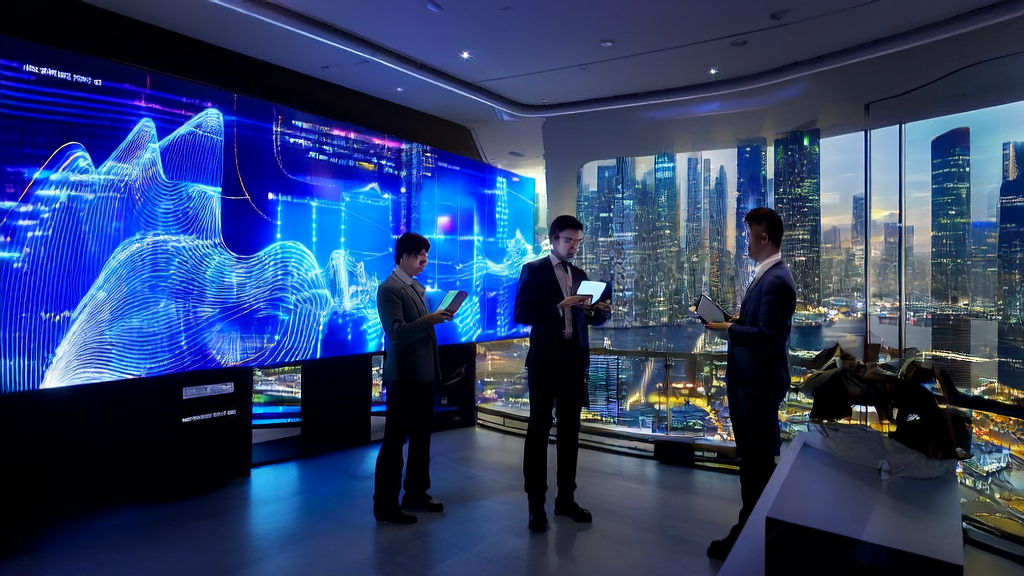 跨境电商办公室内的团队使用AI客户预测模型分析数据，提升营销效率