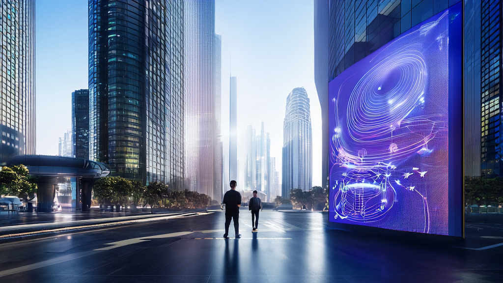 Entrepreneur analyzing AI customer prediction model data in a futuristic city to enhance cross-border e-commerce efficiency