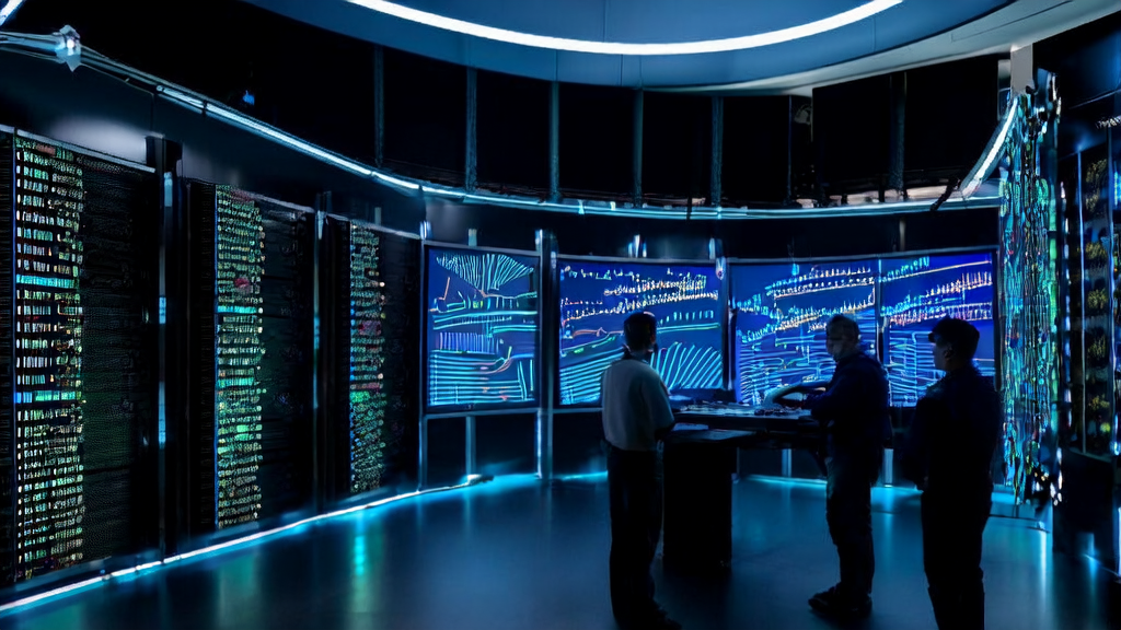 An engineer monitoring AI customer prediction models and real-time cross-border e-commerce data streams in a data center, with EU AI Act regulations displayed on the background wall